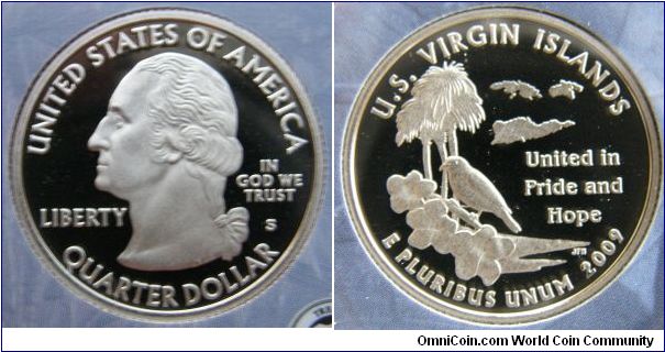 The U.S. Virgin Islands quarter reverse features an outline of the three major islands, the yellow breast or banana quit, its official bird; the yellow cedar or yellow elder, the official flower; and a Tyre Palm Tree with the inscriptions, U.S. VIRGIN ISLANDS and United in Pride and Hope, the official motto of the territory