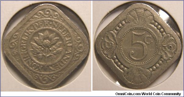Obverse: Legend around flower, scrolled border around 
 NEDERLANDSE ANTILLEN 
Reverse: Value within border of shells 
 5 C date 1939