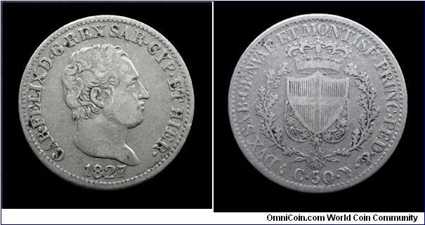 Kingdom of Sardinia - Charles Felix - 50 Centesimi - Turin mint - Silver