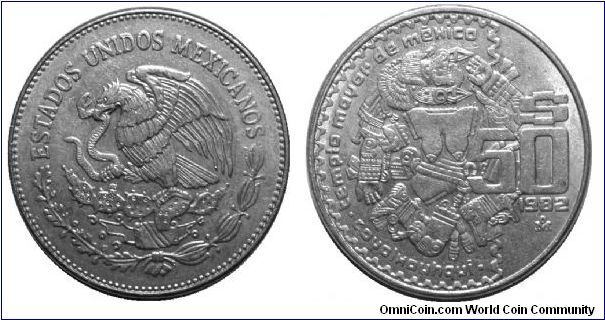 Obverse; Eagle standing left on cactus, snake in beak
O ESTADOS UNIDOS MEXICANOS.
Reverse;Coyolxauhqui - Mayor Temple, Coyolxauhqui is shown spread out on her side, with her head, arms and legs chopped away from her body.50 Pesos