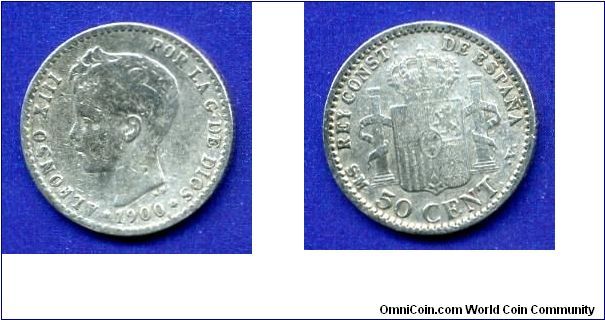 50 centimes.
Alfonso XIII (1885-1931).
'V'- Valencia mint.


Ag835f. 2,5gr.