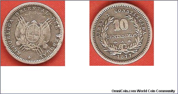 10 centesimos
Libre y Constituida: Free and with a Constitution
0.900 silver
Paris Mint