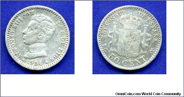 50 centimes.
Alfonso XIII (1885-1931).
'V'- Valencia mint.


Ag835f. 2,5gr.