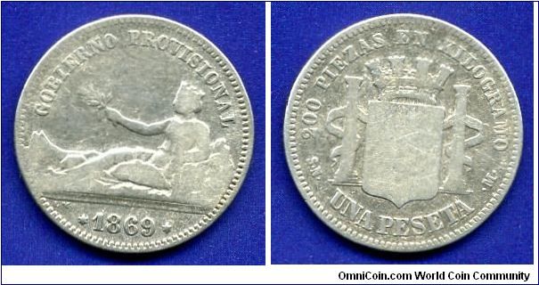 1 Peseta.
*GOBIERNO PROVISIONAL*.
First Inerregnum 1868-1871.
'M'- Madrid mint.


Ag835f. 5,0gr.