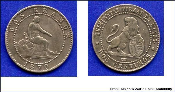2 centimos.
First Inerregnum 1868-1871.
8-pointed star - Barcelona mint.


Br.