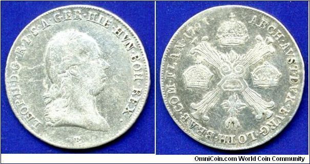 Viertelthaler (1/4 Thaler - Kronenthaler).
Austrian Netherlands.
Leopold II (1790-1792) Emperor of Holy Roman Empire.
'B'- Kremnitz mint.


Ag873f. 7,36gr.