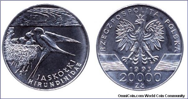 Poland, 20000 zlotych, 1993, Cu-Ni, Jaskolki Hirundinidae, Republic of Poland.                                                                                                                                                                                                                                                                                                                                                                                                                                      