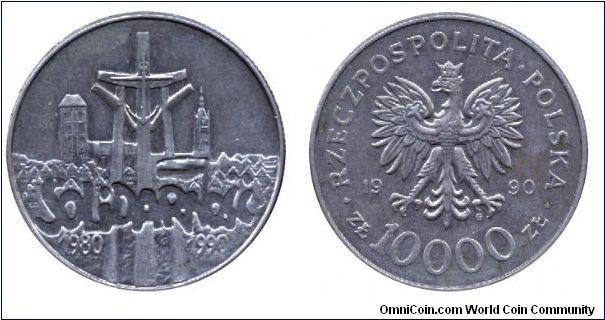 Poland, 10000 zlotych, 1990, Cu-Ni, Solidarnosc, 1980-1990, Republic of Poland.                                                                                                                                                                                                                                                                                                                                                                                                                                     