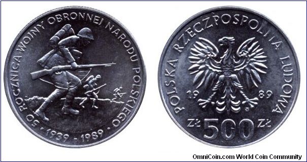 Poland, 500 zlotych, 1989, Cu-Ni, 50th Anniversary of the beginnig of WWII (1939-1989), People's Republic of Poland.                                                                                                                                                                                                                                                                                                                                                                                                