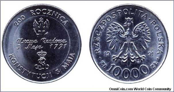 Poland, 10000 zlotych, 1991, Ni-Steel, 200th Anniversary of Polish Constitution.                                                                                                                                                                                                                                                                                                                                                                                                                                    