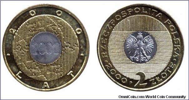 Poland, 2 zlote, 2000, Cu-Ni-Cu-Al-Zn-Sn, bi-metallic, 27mm, 8.31g, depending on the angle of view, stylized moon and stars and the date: 2000, or stylized sun and the date 2001.                                                                                                                                                                                                                                                                                                                                  
