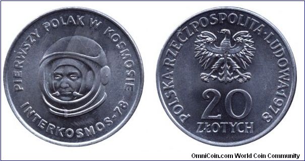Poland, 20 zlotych, 1978, Cu-Ni, The first Pole in the Cosmos.                                                                                                                                                                                                                                                                                                                                                                                                                                                      