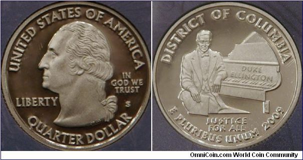 Washington DC, extension to the 50 state quarters program.  Features native son Duke Ellington, the internationally renowned composer and musician, seated at a grand piano. ref. http://www.usmint.gov/mint_programs/ DCAndTerritories/