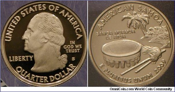 American Samoa, 4th quarter of 2009.  Depicts the ava bowl, whisk, staff and a coconut tree.  Inscription translates to ''Samoa, God is First.'' The ava ceremony is considered the most significant traditional event in Samoan culture. The whisk and staff symbolize the rank of the Samoan orator delivering speeches during these gatherings. ref. http://www.usmint.gov/mint_programs/ DCAndTerritories/