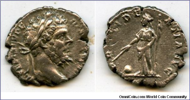 193-211ad
Septimius Severus
196-7ad 
L SEPT SEV PERT AVG IMP VIII, laureate head right
PROVIDENTIA AVG, Providentia standing left with wand over orb & scepter in other hand
RSC 592