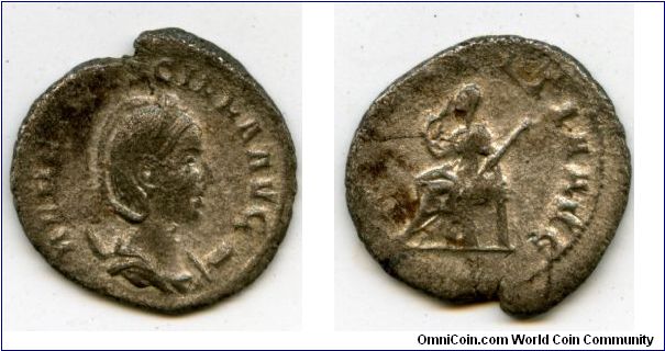 Herennia Etruscilla, wife of Trajan Decius
Augusta 249-251ad 
Antoninianus
HER ESTRVSCILLA AVG, diademed & draped bust right on crescent
PVDICITA AVG, Pudicitia seated left holding scepter & drawing veil from her face