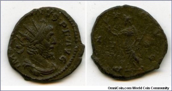 270ad
Victoinus
Antoniniaus
Cologne
Imp Cdi Victorinus PPf Avg, Radiate bust right
Pax Avg, Pax holding branch & scepter