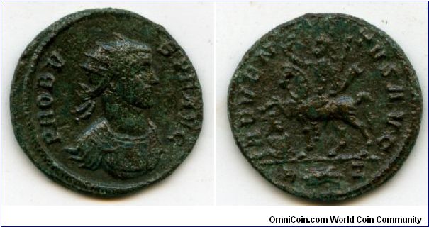 276-282ad
Marcus Aurelius Probus 
Antoninianus (was silver washed)
Rome, 279ad 
IMP PROBVS P F AVG, radiate cuirassed bust right
ADVENTVS AVG, Probus on horseback left, riding down a captive, holding scepter & raised right hand, R(wreath)Z in ex