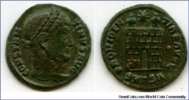 306-337ad 
Constantine I, The Great
Caesar 306-307
Filius Augustorum 307-309ad
Augustus 309-337ad 
Unknown mint
CONSTAN-TINVS AVG, laureate head right
PROVIDEN-TIAE AVGG, campgate with two turrets & star above