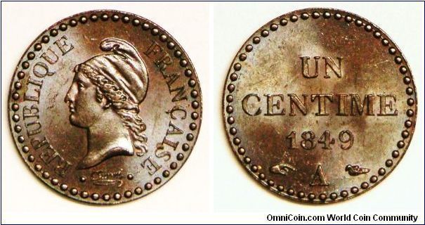 A tiny second republic decimal coinage bronze One Centime, minted at Paris. Toned brilliant uncirculated. [SOLD]