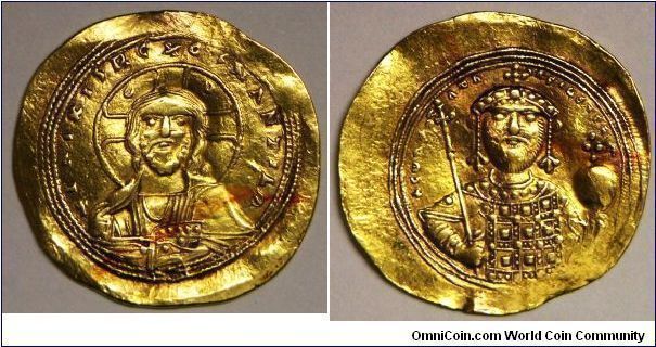 Byzantine empire, Constantine IX, Monomachos (1042-1055), Histamenon nomisma. 4.365g, Gold, 26.2mm. Obv.: +IhS XIS REX REGNANTIM nimbate bust of Christ facing, wearing pallium and colobium, in left hand book of Gospels. Rev.: +CWNST ATn bASILEUS R Crowned bust of emperor facing, wearing loros, holding labarum and globe cruciger with cross of globules. Constantinople mint. Extra fine. [SOLD]