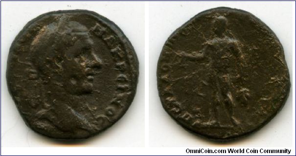 217-218 
Marcus Opellius Macrinus
Nikopolis ad Istrum, Moesia Inferior, legate Statius Longinus Apollo holding a patera and branch
Moushmov 1211?
