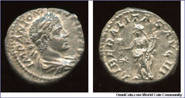 218-222ad
Elagabalus 
Denarius
IMP ANTONINVS PIVS AVG, laureate & draped bust right
LIBERALITAS AVG III, Liberalitas standing left, holding counter & cornucopiae; star in right field
RSC 86