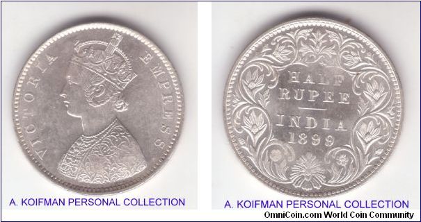 KM-491, 1899 India half rupee; lustrous, almost proof like especially on reverse but weakly struck and obviously from the money bag due to bagmarks, nice anyway; Bombay mint with inverted incuse mintmark