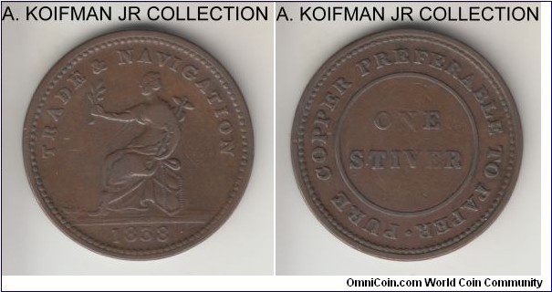 KM-Tn2, 1838 British Guiana stiver token; copper, plain edge; TRADE & NAVIGATION, weight 15.1 gr so Tn2, fine or so.