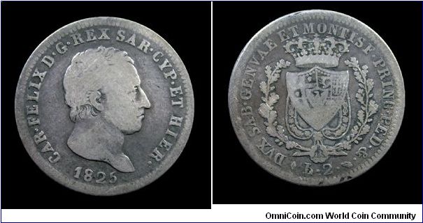 Kingdom of Sardinia - Charles Felix - 2 Lire - Silver (Rare)