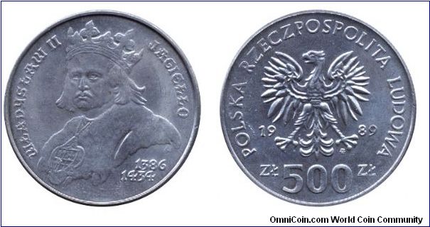 Poland, 500 zlotych, 1989, Cu-Ni, Wladislaw Jagello II (1386-1434), People's Republic of Poland.                                                                                                                                                                                                                                                                                                                                                                                                                    