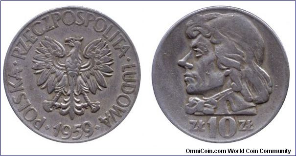 Poland, 10 zlotych, 1959, Cu-Ni, 31mm, Tadeusz Kosciuszko, People's Republic of Poland.                                                                                                                                                                                                                                                                                                                                                                                                                             