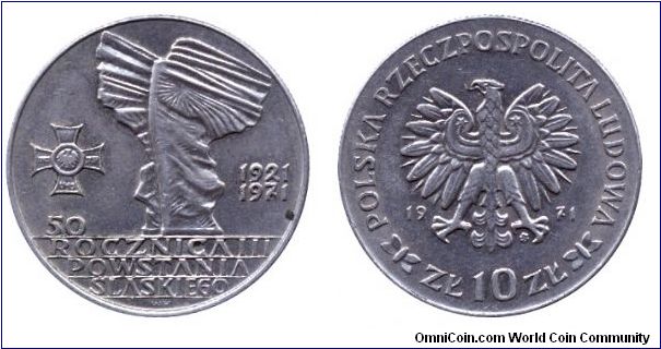 Poland, 10 zlotych, 1971, Cu-Ni, 1921-1971, 50th Anniversary of the Battle of Upper Silesia, People's Republic of Poland.                                                                                                                                                                                                                                                                                                                                                                                           