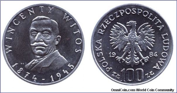 Poland, 100 zlotych, 1984, Cu-Ni, Wincenty Witos, 1874-1945.                                                                                                                                                                                                                                                                                                                                                                                                                                                        