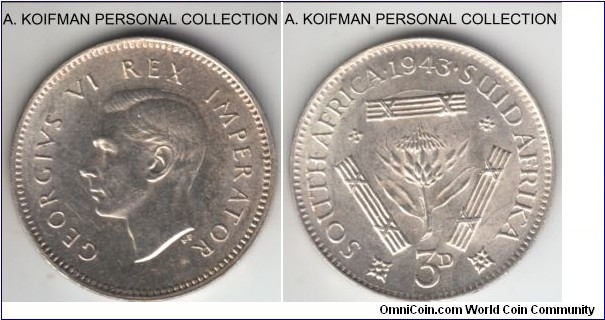 KM-26, 1943 South Africa (Dominion) 3 pence; silver, plain edge; bright uncirculated or about, but obverse is a bit weak, reverse is fully struck with minimal die breaks so frequent in this type, this is a variety with the period close to 3.