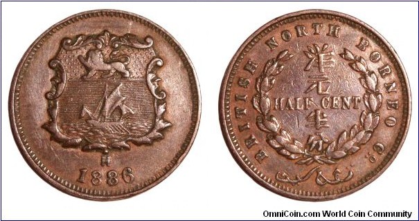 BRITISH NORTH BORNEO~1/2 Cent 1886.