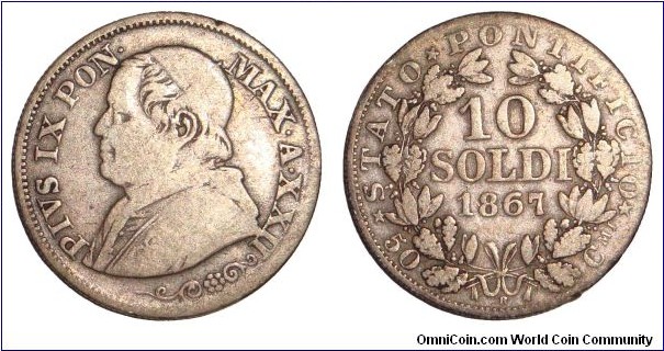 PAPAL STATES~10 Soldi 1867. Under Pope: Pius IX.