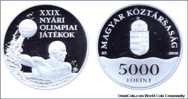 Hungary, 5000 forint, 2008, Ag, 38.61mm, 31.46g, XXIX Summer Olympic Games, Water Polo.                                                                                                                                                                                                                                                                                                                                                                                                                             