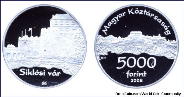 Hungary, 5000 forint, 2008, Ag, 38.61mm, 31.46g, Hungarian Castles Series, #5, Siklós Castle.                                                                                                                                                                                                                                                                                                                                                                                                                       