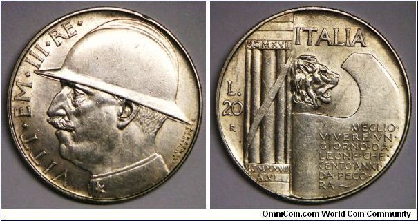 Kingdom of Italy, Vittorio Emanuele III (1900-1946) silver 20 Lire 1928-R, Year VI, 10th Anniversary - End of World War I. Obv.: Helmeted head left. Rev.: Fasces, lion's head and axe head. Rome mint. Small rim nick on obverse 1 o'clock, otherwise good extra fine. [SOLD]
