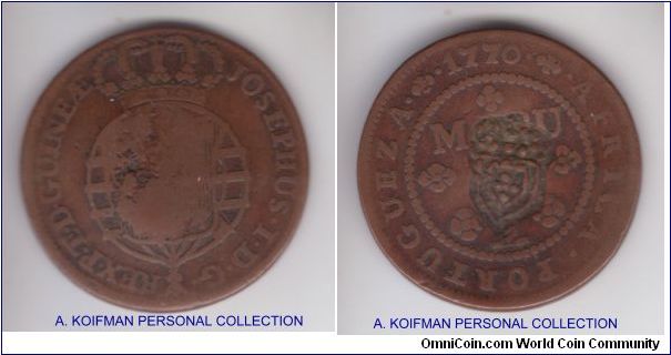 KM-51.1, Portuguese Africa (Angola) Angola 2 macuta - 1837 counterstamp over 1770 Portuguese Africa macuta doubling denomination from 1 to 2 macutas; I would guess that the host is more or less fine and the counterstamp is very fine or so; large crown size coin with plain edge