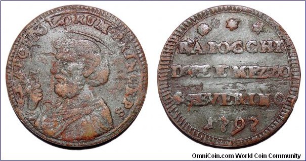 SAN SEVERINO (MUNICIPAL)~2 1/2 Baiocchio 1797. Under Pope: Pius VI.  Emergency Coinage.