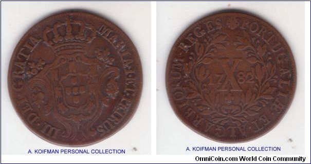 KM-280, 1782 Portugal X (10) reis copper; probably very good to fine