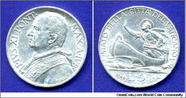 5 Lire.
Pontiff Pius XI (1922-1939).
The Jubilee (Holy) year, an extraordinary 1933-1934.
Mintage 50,000 units.


Ag835f. 5,0gr.