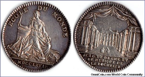 Scarcer silver jeton issued for the `Academie de Drame et Musique' at La Rochelle. Obverse and reverse both engraved by Benjamin DuVivier. You won't see many of these on the market.