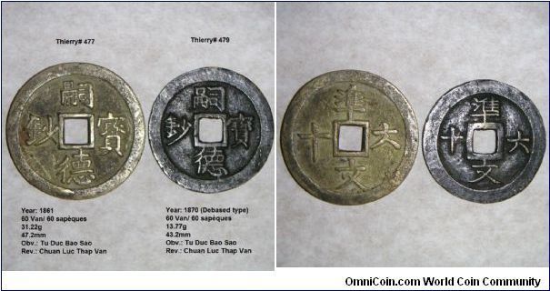 Scarcer 1861 first and larger type brass 'Tu Duc Bao Sao' 60 Van, with legal weight 9 Tien (34.2 g) compare to 1870 debased type legal weight 4 Tien (13.77 g).