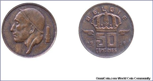 Belgium, 50 centimes, 1958, Bronze, Miner, Belgie.                                                                                                                                                                                                                                                                                                                                                                                                                                                                  