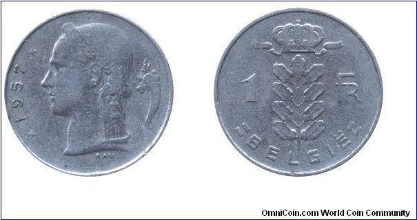 Belgium, 1 franc, 1957, Cu-Ni, Woman's head, Belgie.                                                                                                                                                                                                                                                                                                                                                                                                                                                                