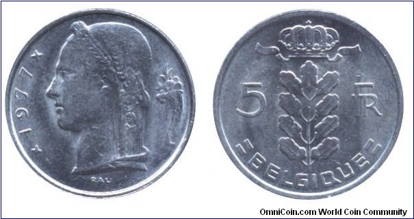 Belgium, 5 francs, 1977, Cu-Ni, Woman's head, Belgique.                                                                                                                                                                                                                                                                                                                                                                                                                                                             