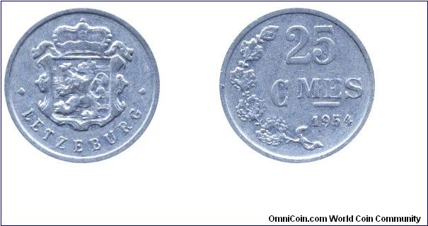 Luxembourg, 25 centimes, 1954, Al, Letzeburg.                                                                                                                                                                                                                                                                                                                                                                                                                                                                       